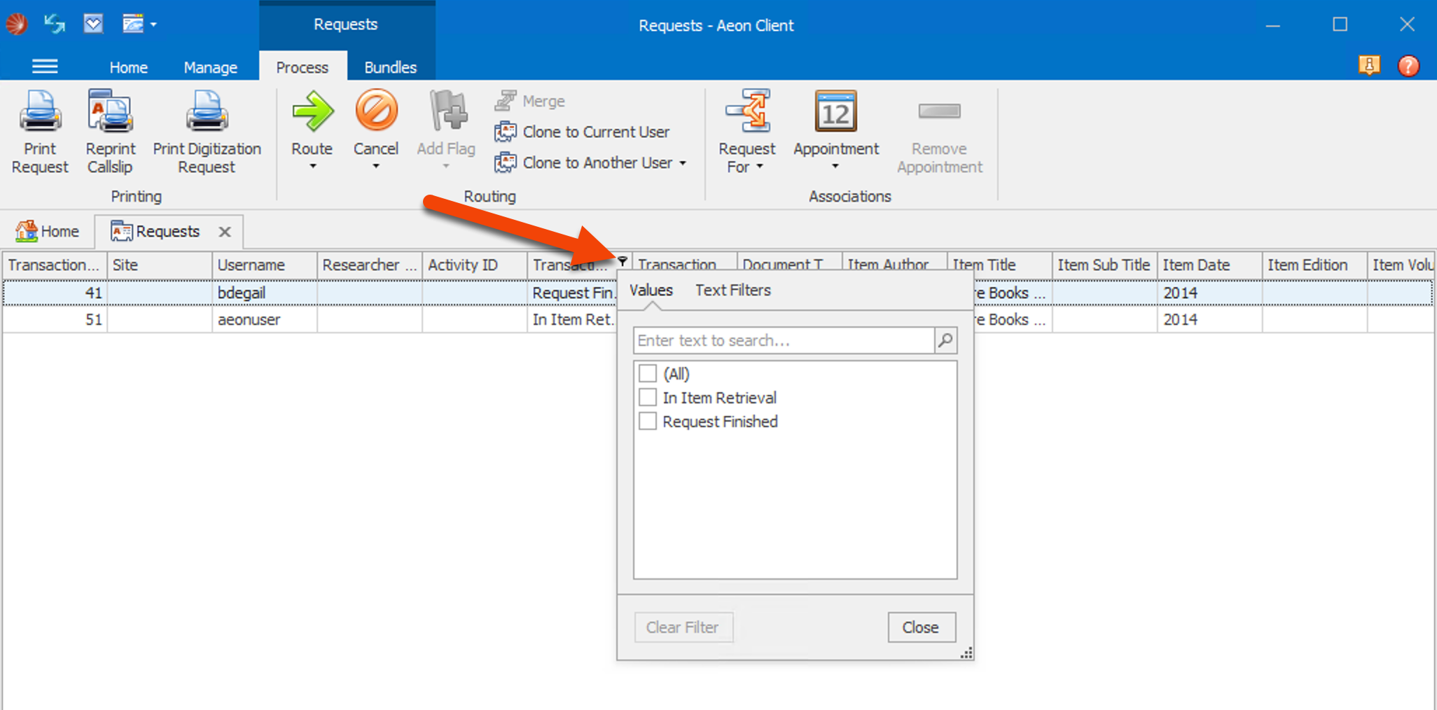 Key icon clicked for column displaying filter options